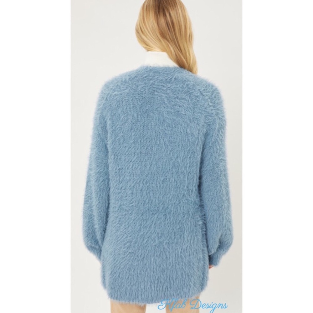Blue Fuzzy Eyelash Long Stone Soft Open Front Cardigan. - Picture 3 of 5